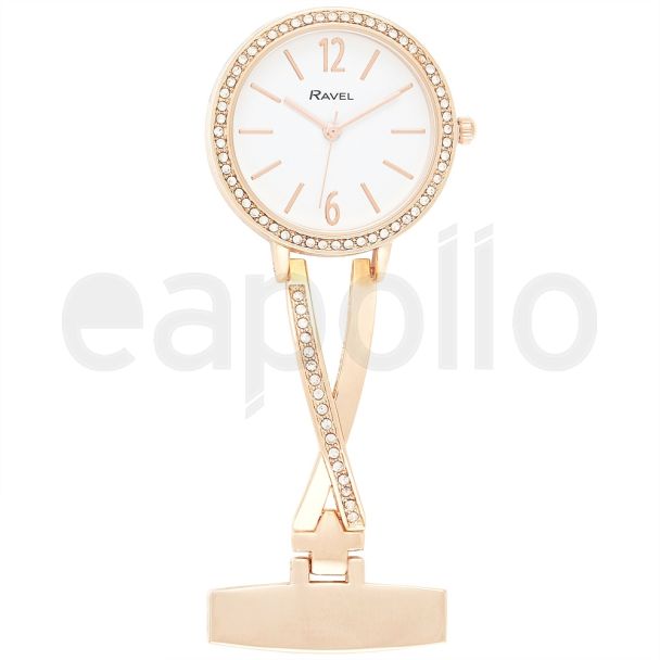 Ravel Nurses Fob Watch with Diamante - Rose Gold