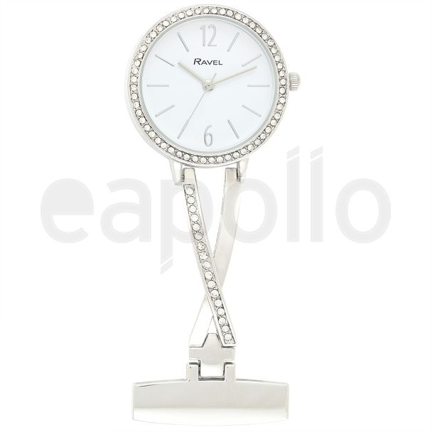 Ravel Nurses Fob Watch with Diamante - Silver & White