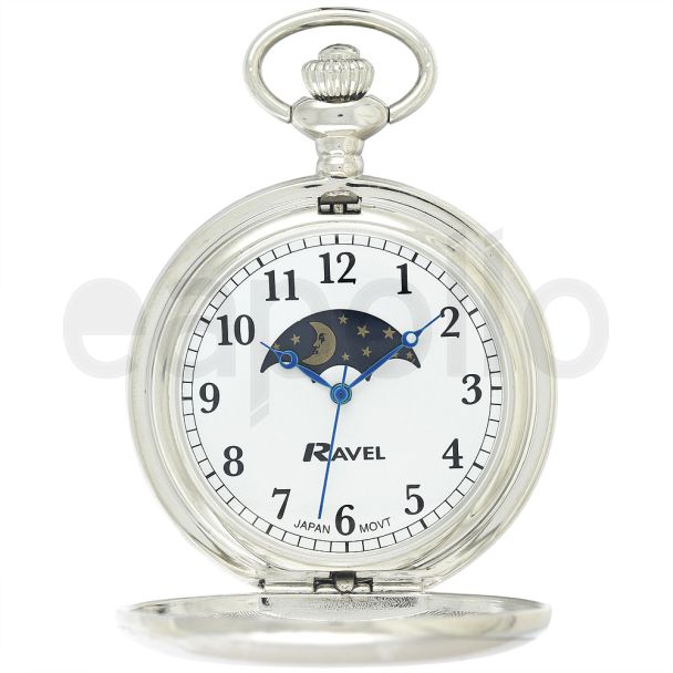 Ravel Polished Moon Design Pocket Watch - Silver