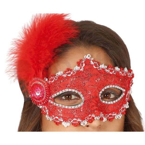 Red Mask With Feathers For Adults
