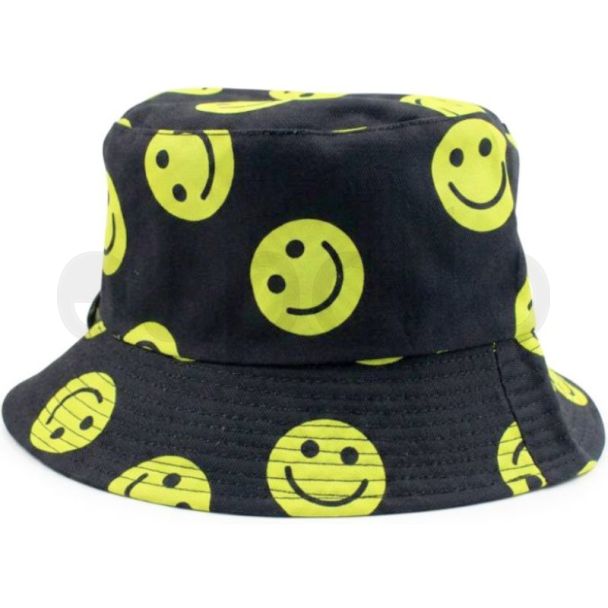Reversible Bucket Hat With Smiley faces - Black