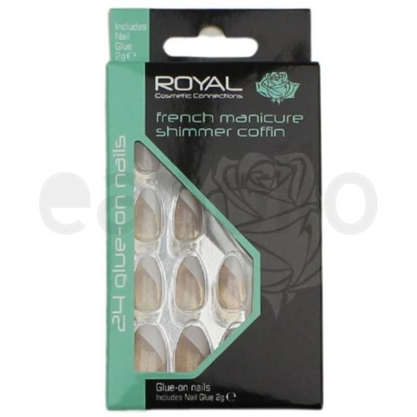 Wholesale Royal Cosmetics 24 Glue-On Nail Tips - French Manicure Shimmer Coffin