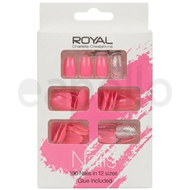 Royal Cosmetics 96 Nails 12 Size  - Glitter Pink (Glue Included)