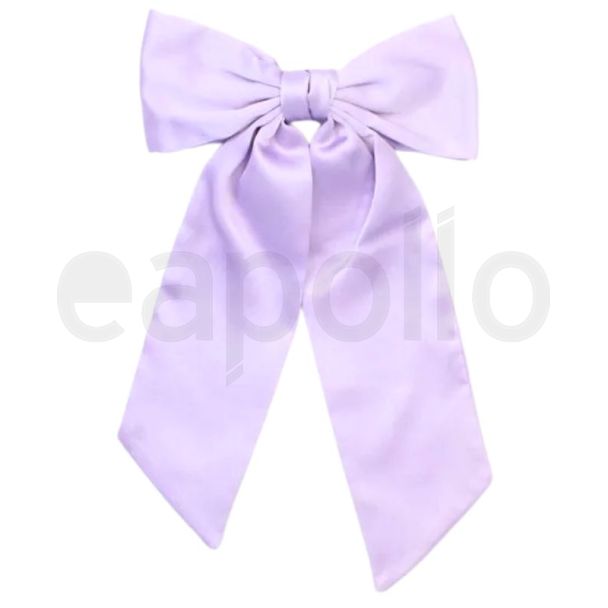 Satin Bow With Long Tails On Barrette Clip 13cm - Lilac
