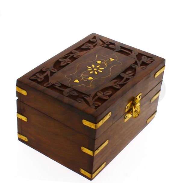 Sectioned Carved Wooden Storage Box For 6 Essential Oils- Brass Inlay