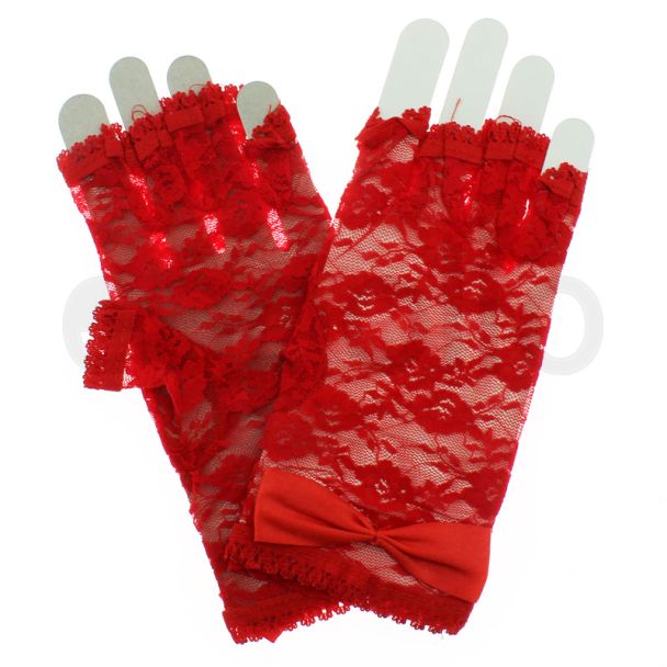 Short Fingerless Lace Gloves With Bow - Red