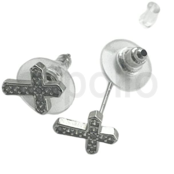 Silver Cross Stud Earrings with Clear Stone Detailing