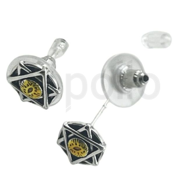 Silver Hexagram Star Stud Earrings with Yellow Eye Detail