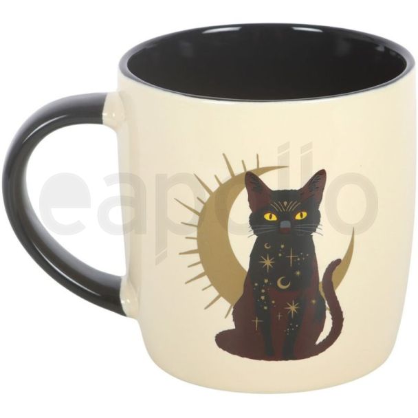 Sitting Black Cat Crescent Moon Ceramic Mug