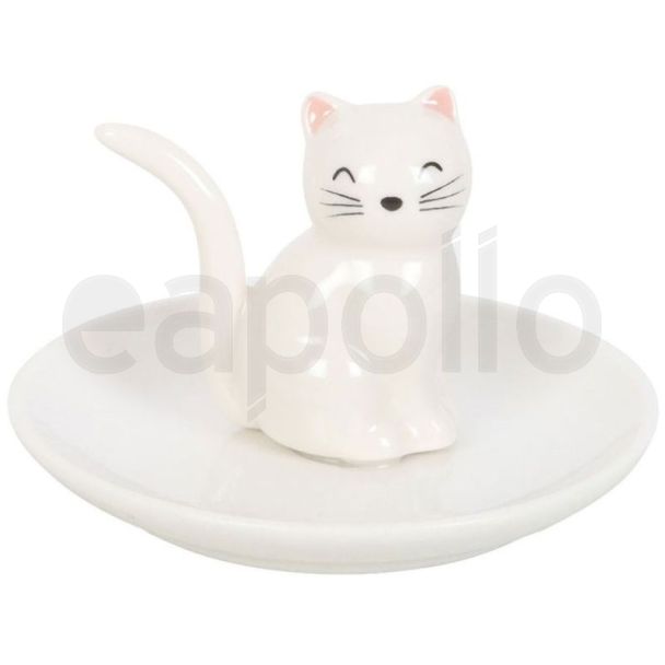 Sitting White Cat Face Trinket Dish Ceramic Ring Holder - (10cm)
