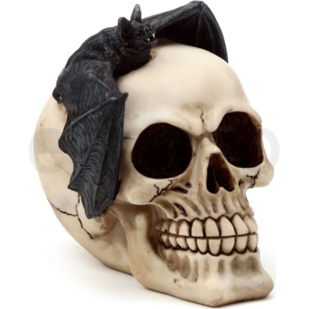 Gruesome Skull Head with Bat Decoration Ornament-14cm