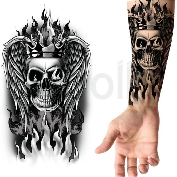 Skull with Wings and Flames Temporary Tattoo - Black & White - 9x14cm
