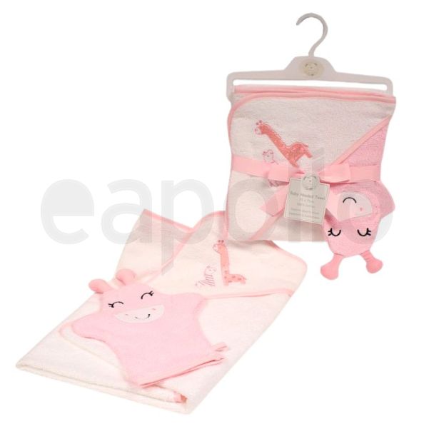 Snuggle Baby Hooded Towel With Wash Mitt Set 100% Cotton - Pink