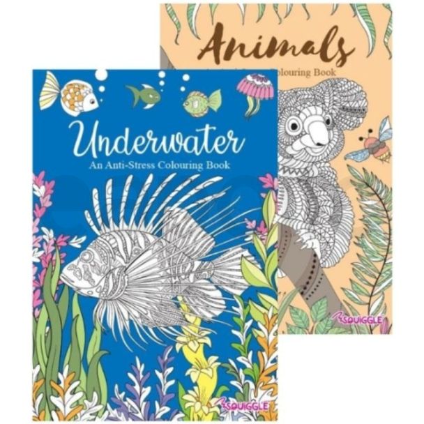 Squiggle A4 Animals & Under Water Anti-Stress Colouring Books - 40 Pages - Assorted  