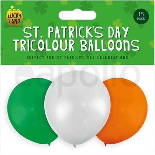 St. Patrick’s Day Tricolour Latex Balloons – 15 Pack