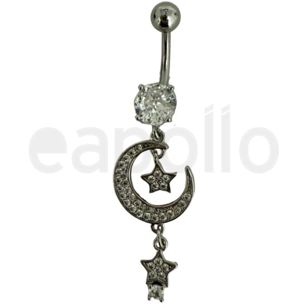 Star & Moon Design Belly Bar - Silver - 45mm