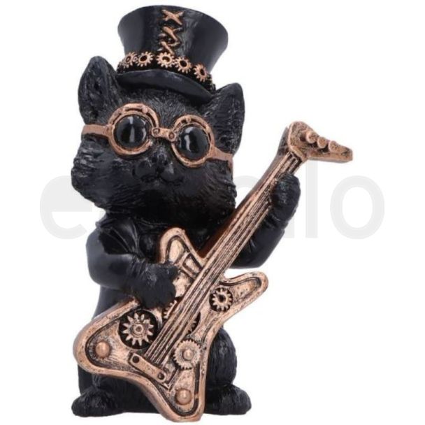 Steampunk Black Cat Figurine Playing Guitar – 10cm