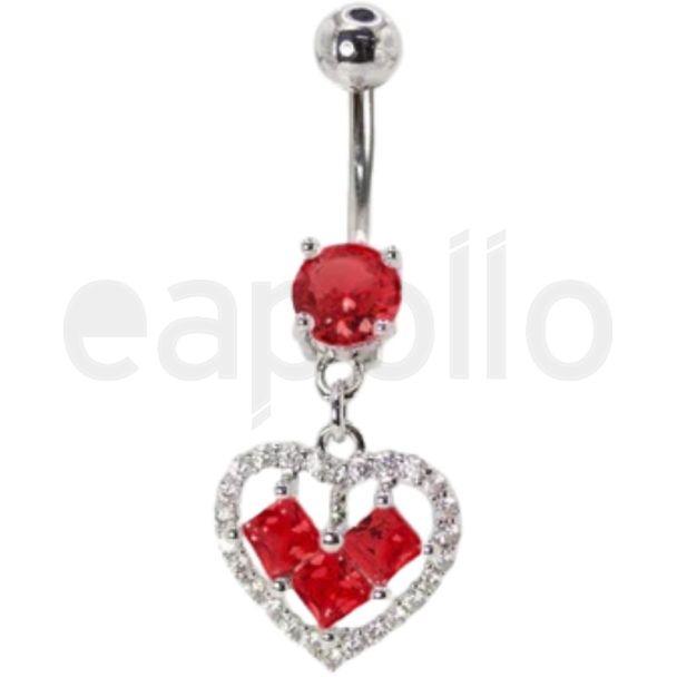 Steel Crystal Heart Belly Bar - Red