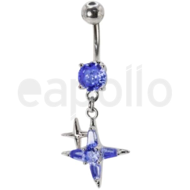 Steel Double Star Crystal Drop Belly Bar - Sapphire
