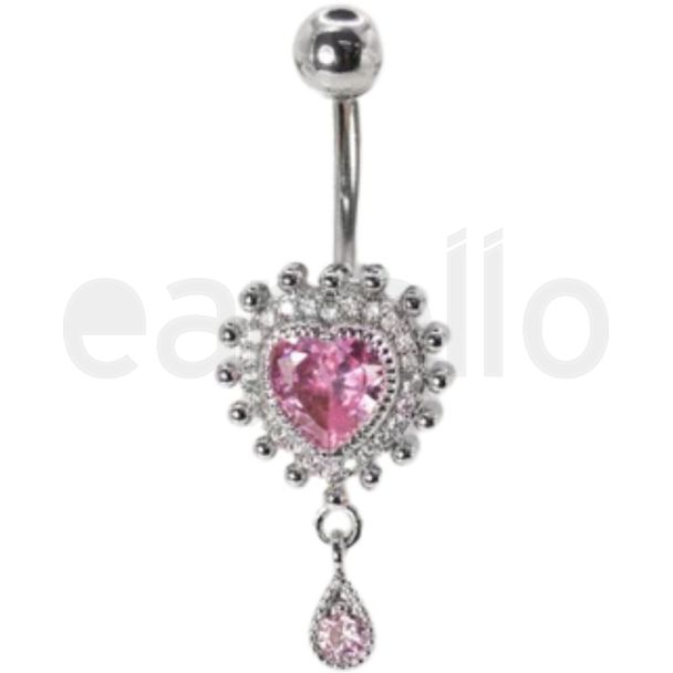Steel Heart & Teardrop Crystal Drop Belly Bar