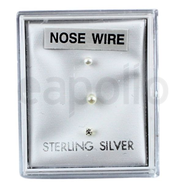 Sterling Silver 1mm Round Pearl & Gemset Trio Nose Rings - Assorted (Cup Design)