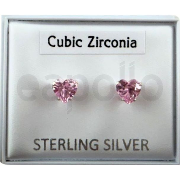 Sterling Silver Crystal CZ Ear Studs - Pink Heart - 5mm