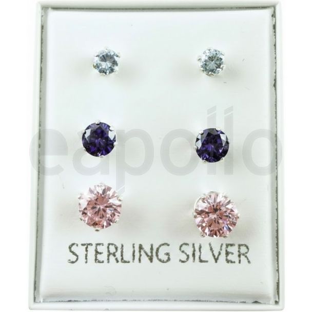 Sterling Silver Crystal Ear Stud Set - Assorted Colours & Sizes 