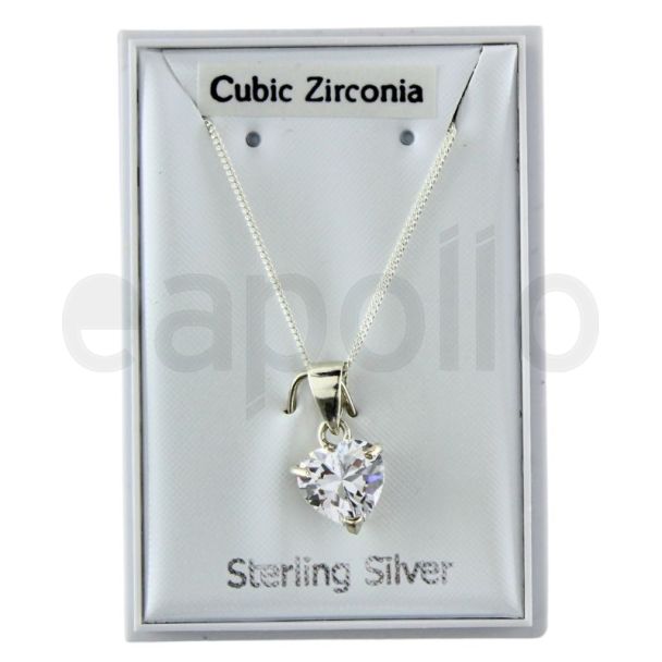 Sterling Silver Cubic Zirconia Heart Shape Pendant Necklace (8mm)
