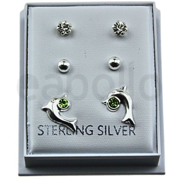Sterling Silver CZ 3 Pair Stud - Dolphin-Stone-Ball - Assorted