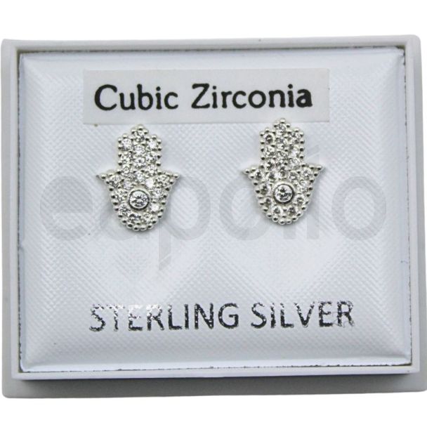 Sterling Silver Hamsa Hand Stud with Cubic Zirconia Detail (8mm) – Assorted