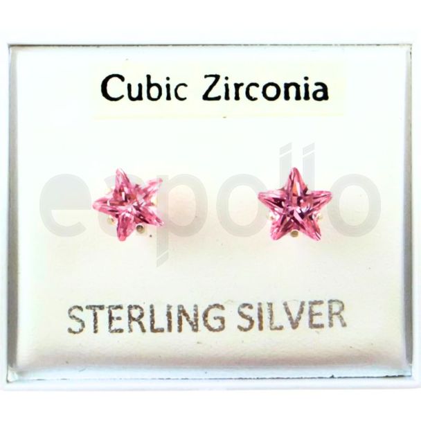 Sterling Silver Pink Star CZ Ear Studs - 6mm