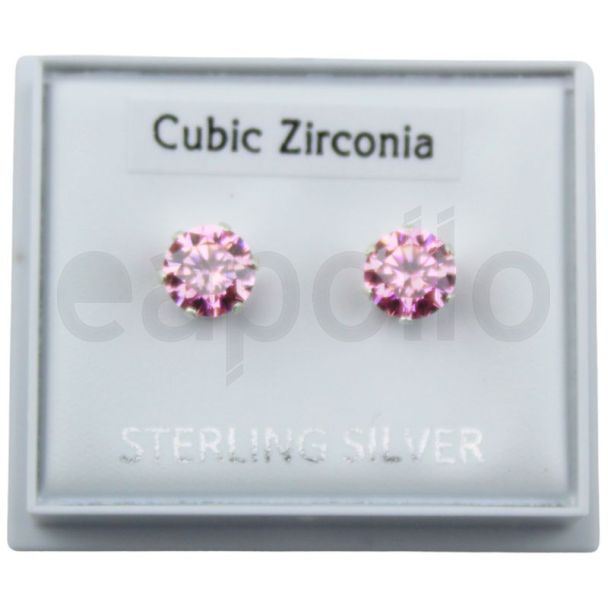 Sterling Silver Pink Crystal CZ Ear Studs - 7mm