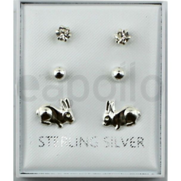 Sterling Silver Rabbit Design 3pcs Studs Set