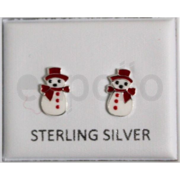 Sterling Silver Snowman Design Christmas Earrings -10mm