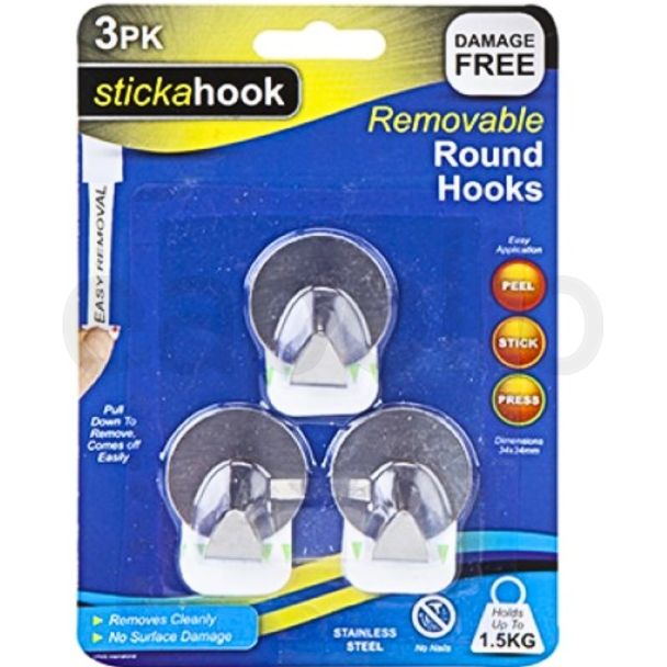 Stickahook Removable Round Silver Hooks