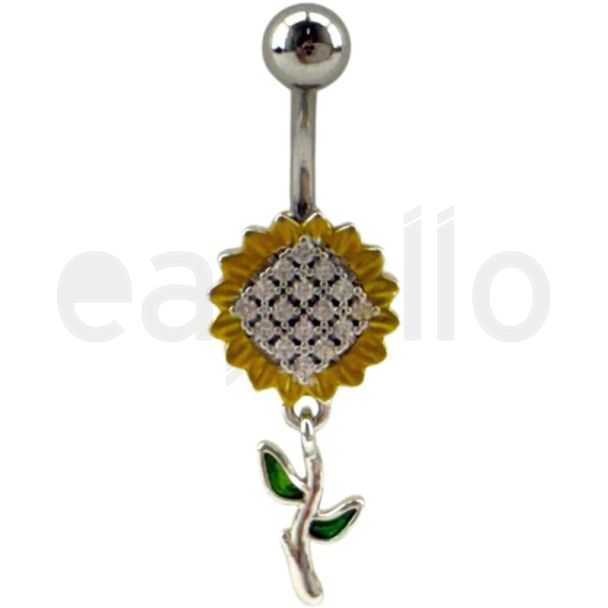 Sunflower Design Belly Bar - Silver - 35mm