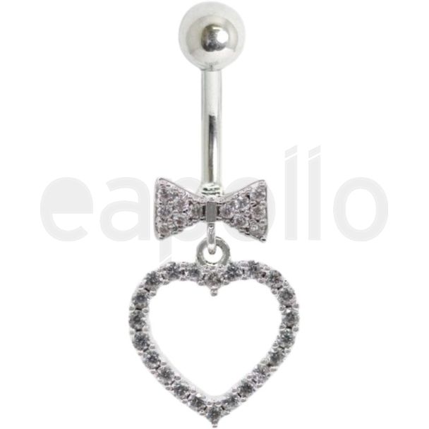Sweetheart Bow and Heart Dangle Navel Bar – Clear 10mm