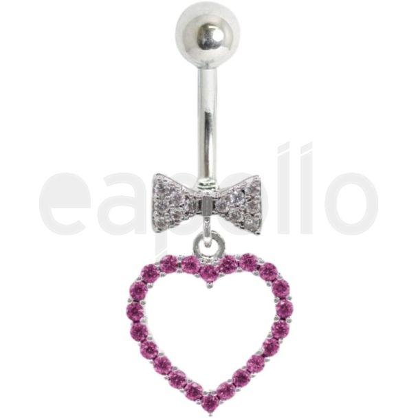 Sweetheart Bow and Heart Dangle Navel Bar – Fuchsia 10mm