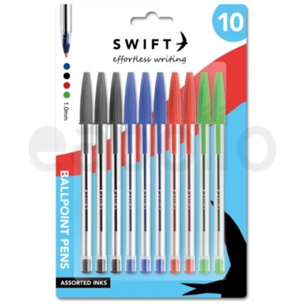 Swift 10pcs Ballpoint Pens - Black, Blue, Red & Green Asst. - Pull Cap