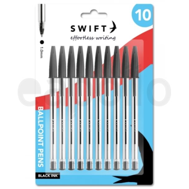 Swift 10pcs Black Ballpoint Pens - Pull Cap
