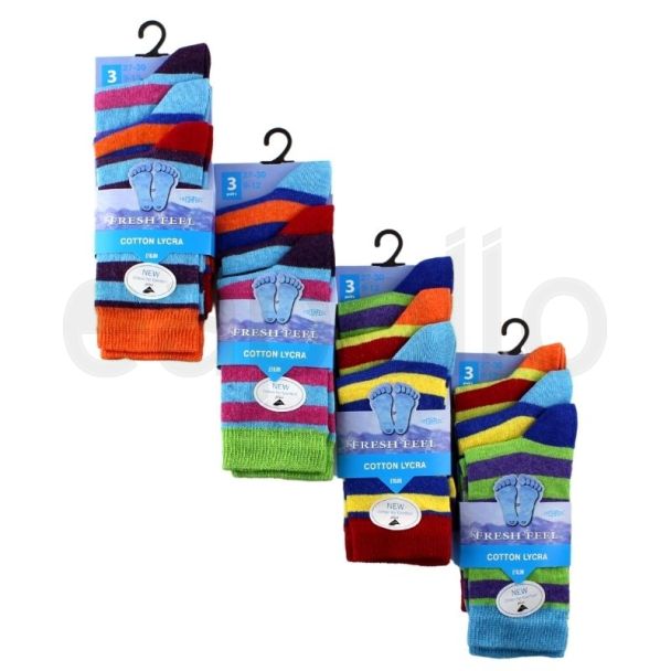 Teenage Boy's Striped Design Cotton Lycra Socks (3 Pair Pack) - Asst (4-7)
