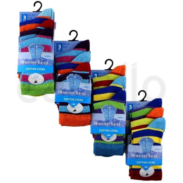 Boy's Striped Design Cotton Lycra Socks (3 Pair Pack) - Asst (6-8)