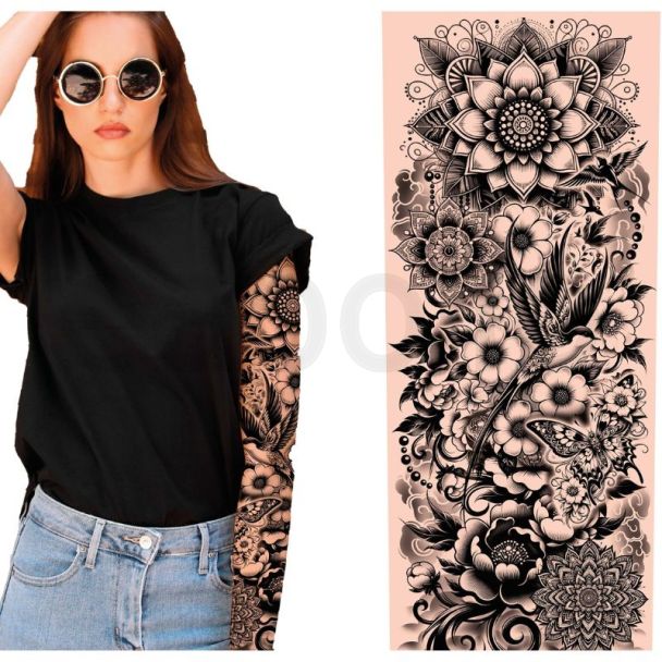 Temporary Tattoo Sleeve - Black & White Floral Design with Birds - 38cm