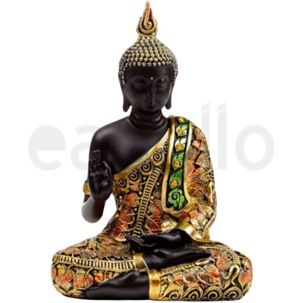 Thai Buddha Meditation Resin Ornament - Black & Orange Gold (21cm)