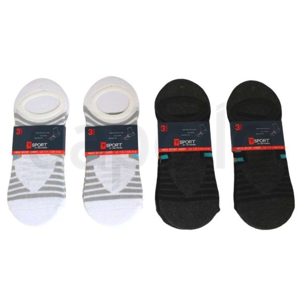 Sport By Tom Franks Mens 3 Pack Sport Liners(7-11)- Black and White