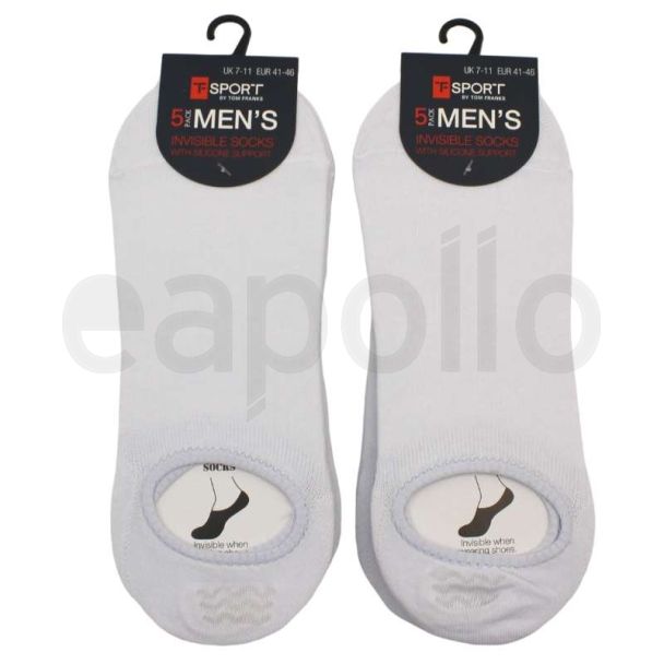 Wholesale Sport By Tom Franks Mens 5 Pack Invisible Socks With Silicone Support(7-11)- White
