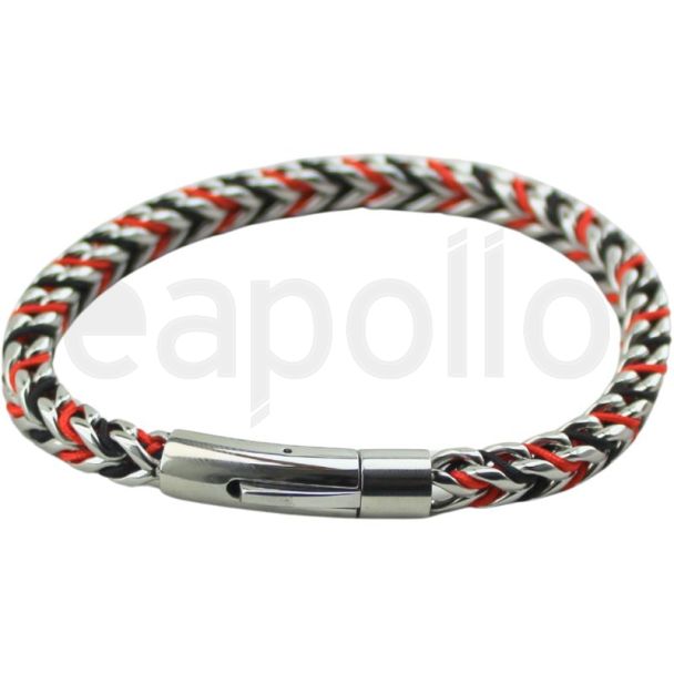 Tribal Steel Bracelet with Two-Strand Red and Black Plait
