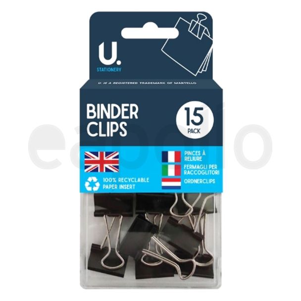 U. 15pcs Black Binder Clips - 19mm