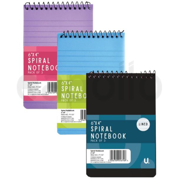 U. 6"x4" Spiral Bound Lined Notebook Pack of 3 - Assorted (40 Sheets)