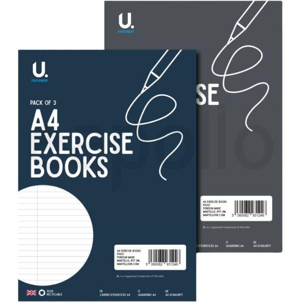 U. A4 Lined Exercise Book Pack of 3 - Assorted (12 Sheets)